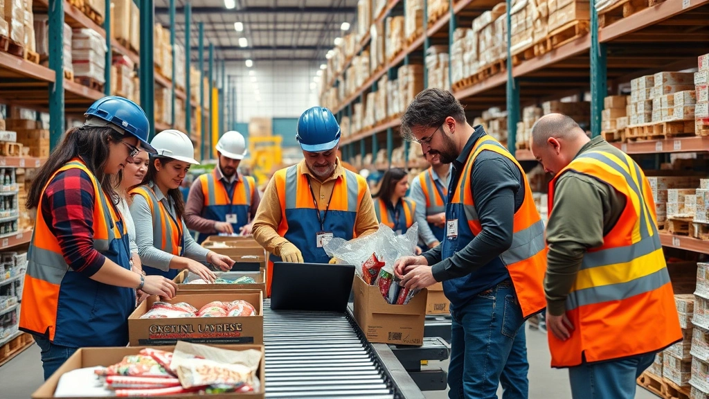 Diverse team of grocery retail workers collaborating in warehouse distribution center, organizing and sorting products on conveyor systems with professional safety equipment