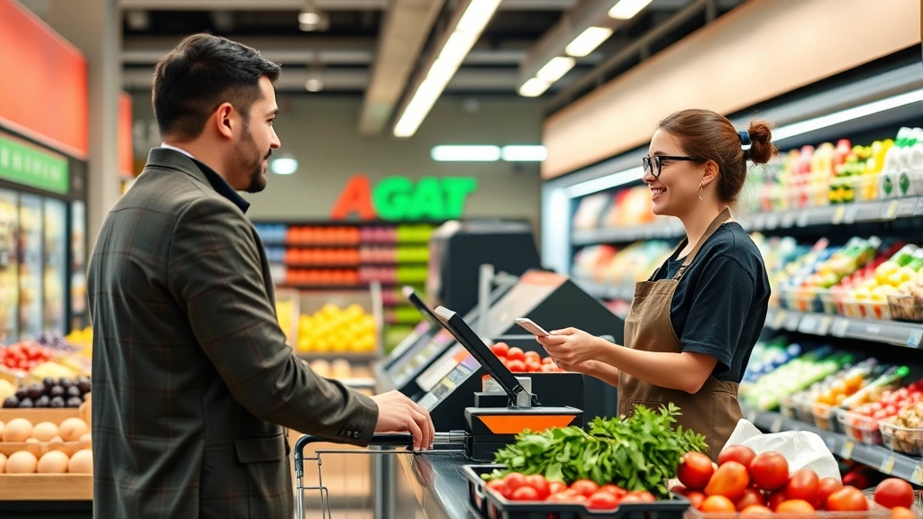 Manager training new employee at checkout counter in modern grocery store, demonstrating customer service procedures with friendly interaction and professional environment
