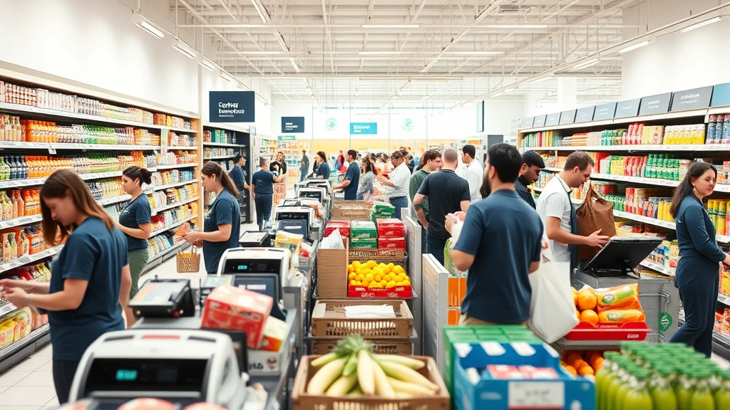 Modern supermarket interior with diverse employees working together at checkout counters and stocking shelves, bright natural lighting, customers shopping, professional business environment