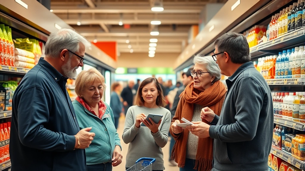 Multi-generational family having a conversation in a clean grocery store aisle, examining products together, warm lighting, community-focused atmosphere, diverse group of people