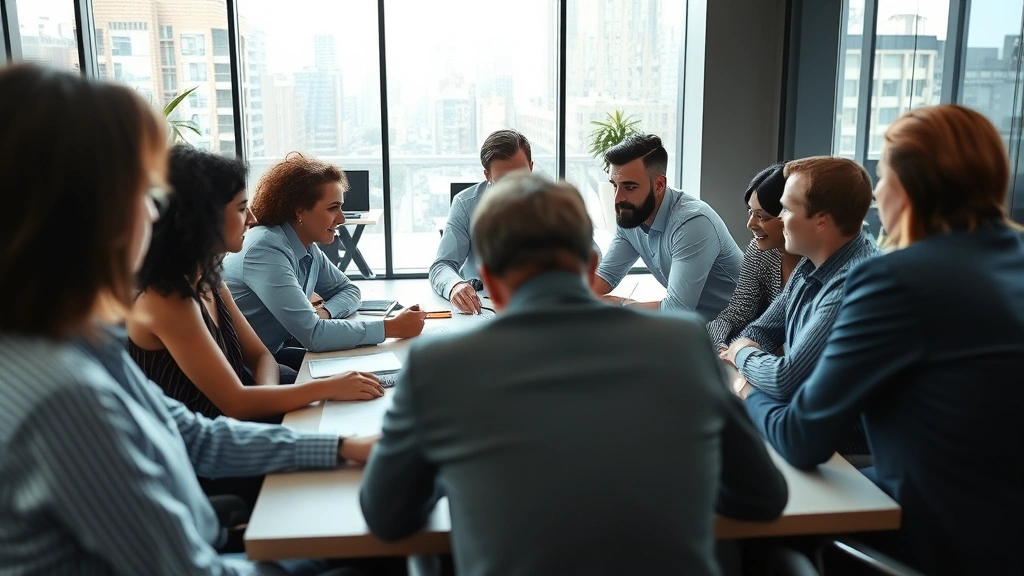 Business meeting in a modern corporate office with employees of different backgrounds collaborating at a conference table, discussing strategy, professional environment with natural lighting
