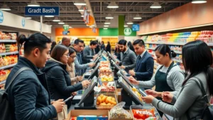 Busy supermarket checkout area with diverse customers paying with various methods including mobile wallets, well-lit modern POS terminals, professional cashiers in uniforms assisting shoppers