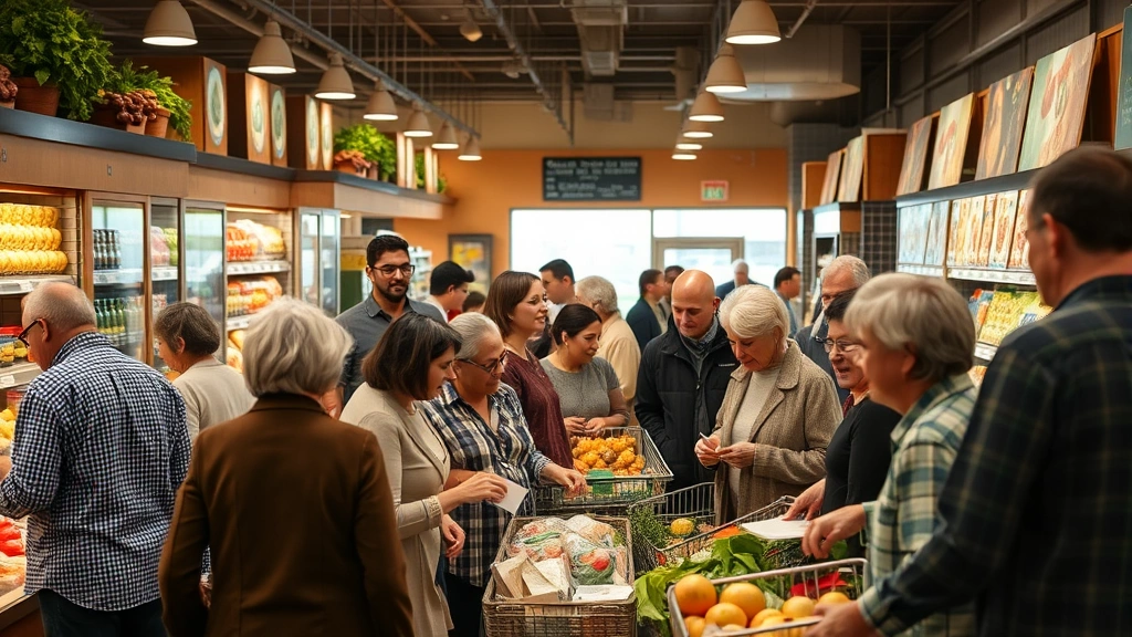 Community gathering in grocery store with local residents shopping, diverse age groups and ethnicities interacting, warm lighting emphasizing welcoming atmosphere and neighborhood connection