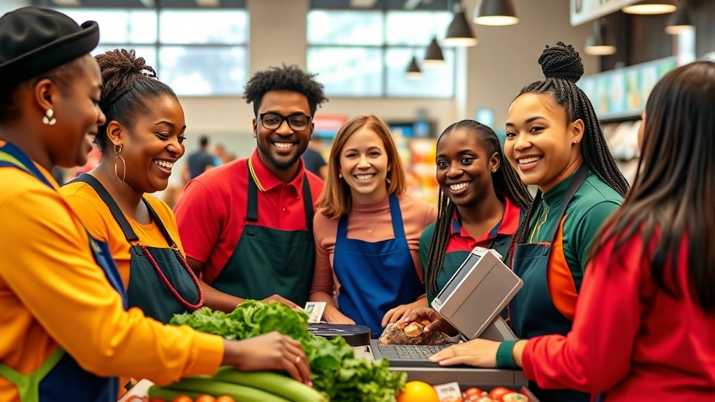 Diverse grocery store employees in colorful uniforms collaborating at customer service desk, genuine smiles, modern checkout area with digital screens visible in background, natural lighting from store windows
