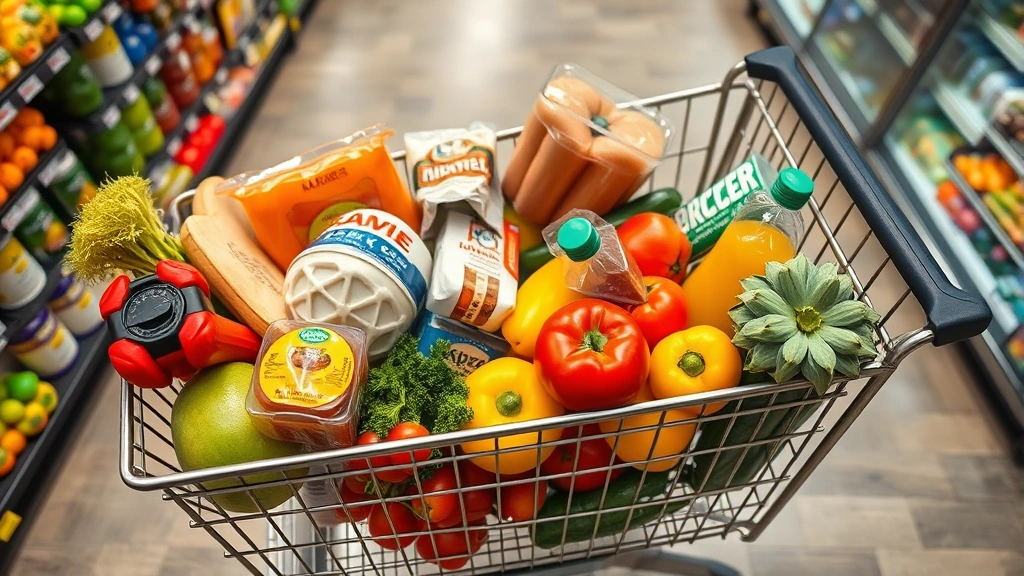 Overhead view of shopping cart filled with fresh produce, packaged goods, and grocery items on store floor, natural lighting highlighting vibrant colors of products, blurred store shelves in background