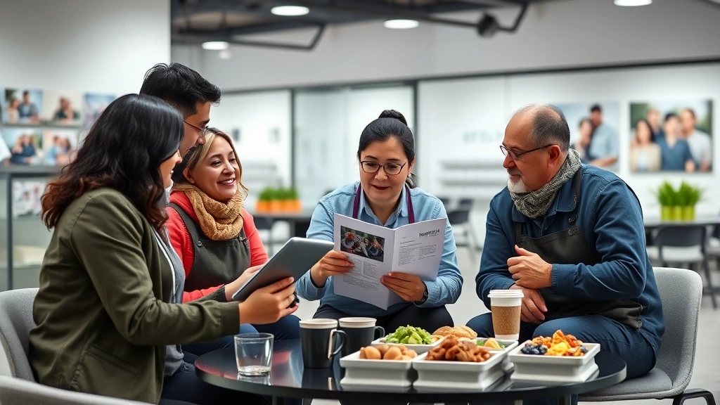 Multi-generational team of retail workers in employee break room reviewing training materials on tablet, coffee cups and healthy snacks on table, modern office environment with community photos on walls