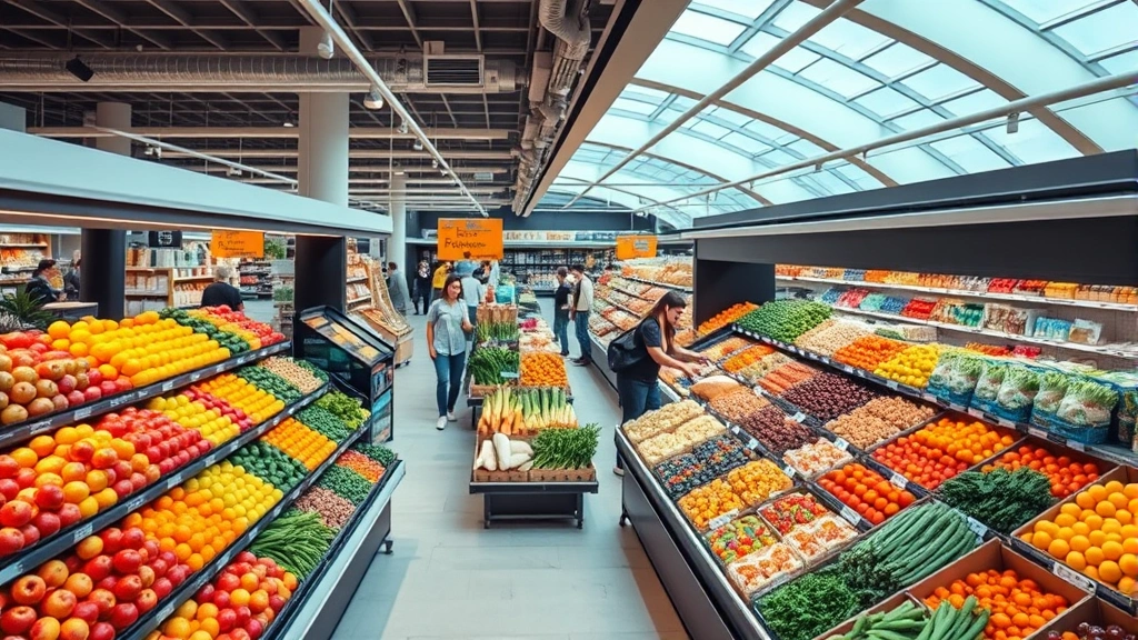 Overhead view of colorful fresh produce display in modern supermarket with organized apple, orange, and vegetable sections, natural lighting from skylights, shoppers browsing in background