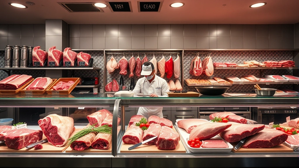 Butcher counter with professional meat display cases showing various cuts of beef, poultry, and pork, white-uniformed butcher preparing cuts, professional lighting highlighting product quality