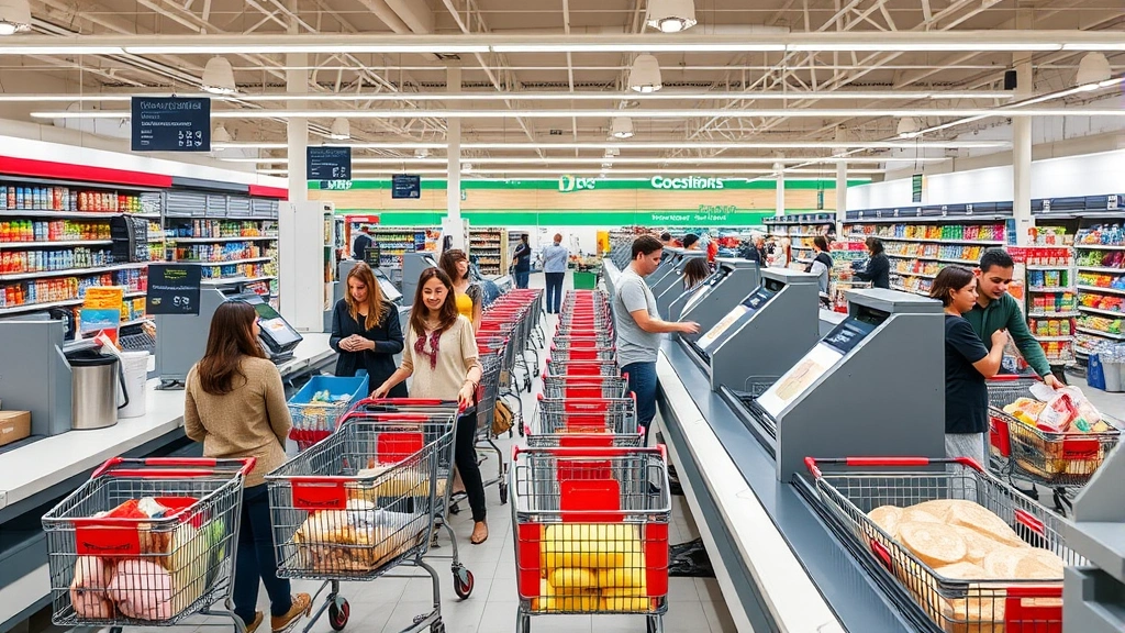 Busy supermarket checkout area with multiple cashier stations, customers with full shopping carts, organized conveyor belts, friendly cashiers processing transactions, clean modern retail environment