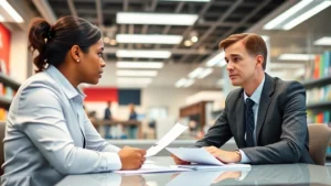 Professional retail manager having serious conversation with employee in office setting, both seated at desk with paperwork, neutral business attire, fluorescent office lighting, concerned expressions, HR or disciplinary meeting atmosphere