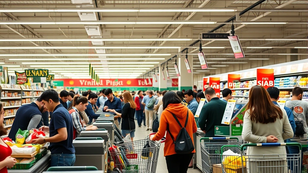 Busy supermarket checkout area with multiple cashiers serving customers during peak hours, bright fluorescent lighting, organized store layout, customers with shopping carts, professional employee uniforms, high-volume retail environment