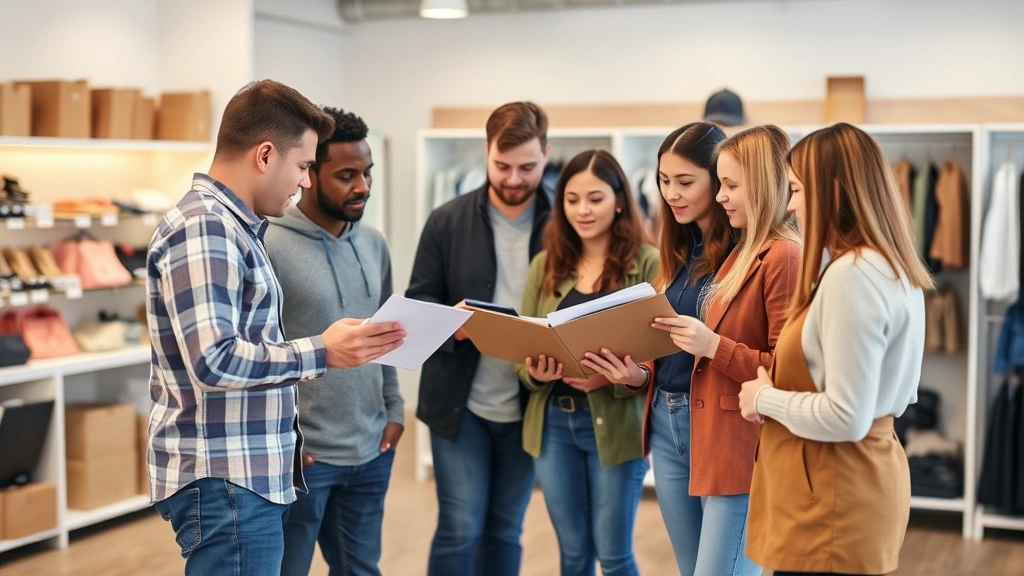 Diverse retail team huddle in break room reviewing policies or training materials, employees standing together looking at clipboard or document, casual but professional setting, collaborative workplace culture, morning briefing or policy review session