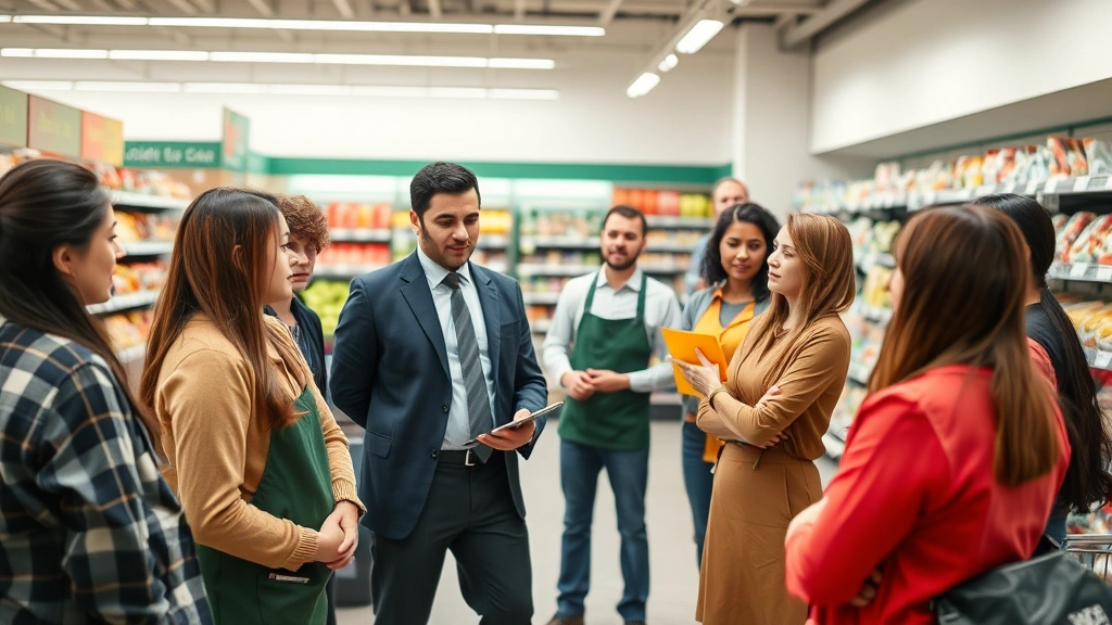 Professional grocery store manager in business casual attire conducting meeting with diverse employees in break room, discussing workplace policies and expectations, serious but respectful atmosphere, modern supermarket setting