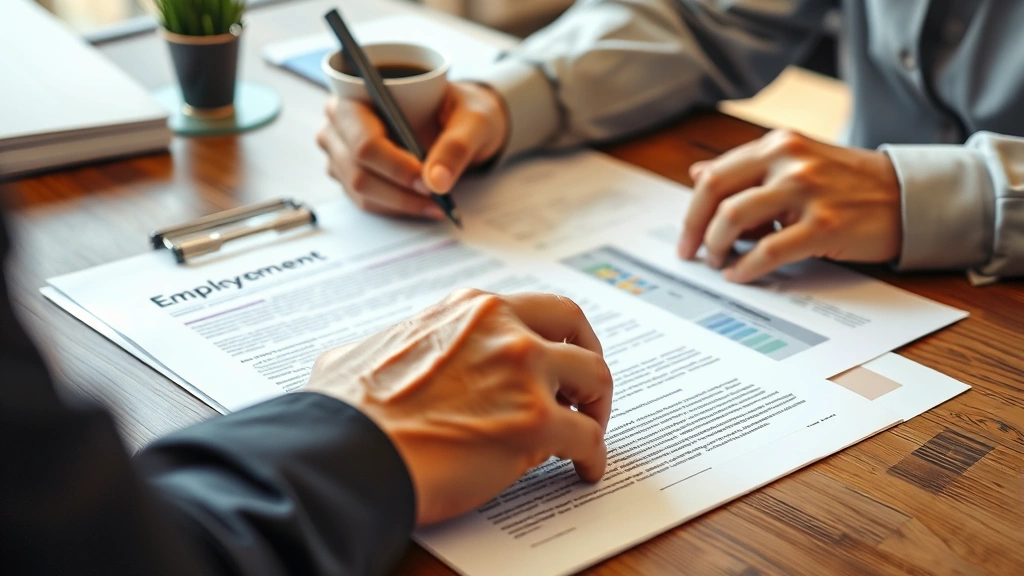 Close-up of hands reviewing employment documents and policy manuals on office desk with coffee cup, representing HR and legal compliance review process in retail management