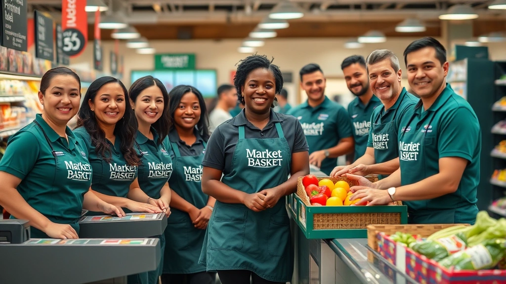 Diverse group of supermarket employees in Market Basket branded uniforms working together at checkout counter and store floor, smiling while assisting customers, representing positive workplace culture and teamwork
