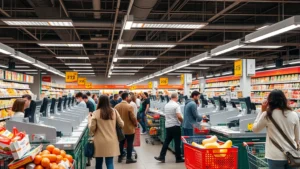 Busy grocery store checkout area with multiple registers, diverse shoppers with full carts, bright fluorescent lighting, professional cashiers processing transactions efficiently