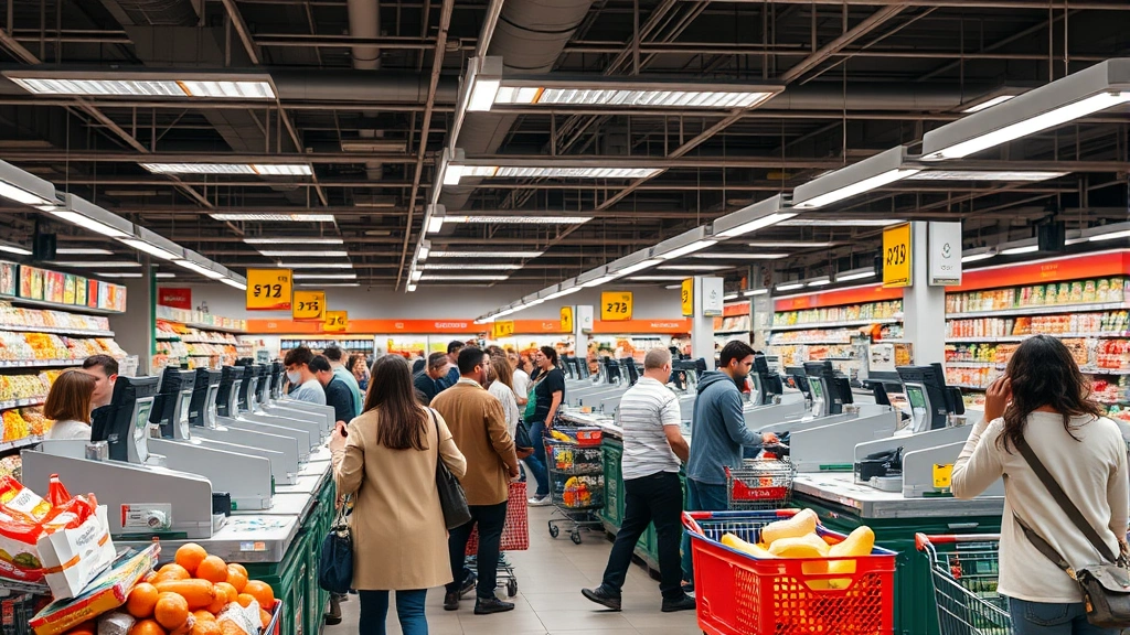Busy grocery store checkout area with multiple registers, diverse shoppers with full carts, bright fluorescent lighting, professional cashiers processing transactions efficiently