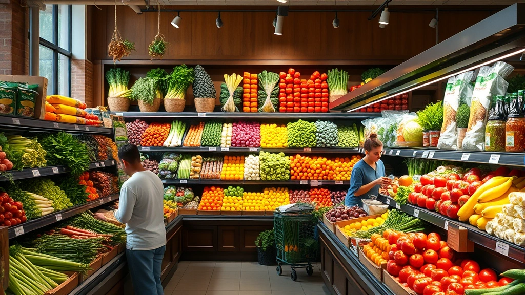 Well-stocked produce section with vibrant fresh vegetables and fruits displayed on tiered shelving, natural lighting highlighting product quality and variety, customers browsing selection