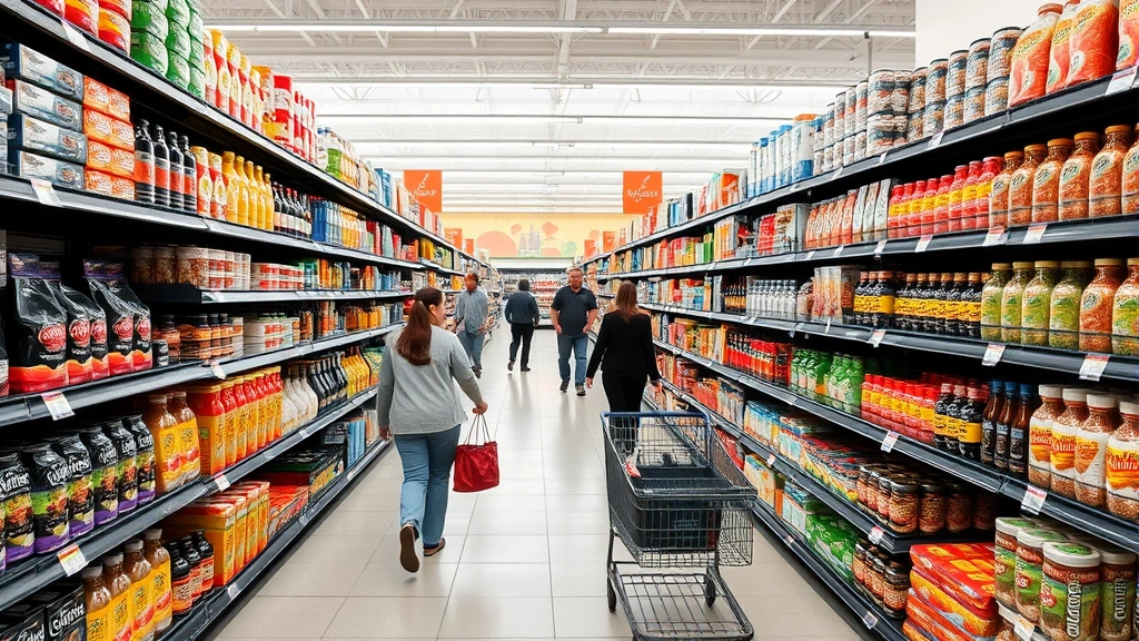 Wide grocery store aisle with organized shelves of packaged products, clear signage, shoppers with carts navigating, bright store environment showing product availability and organization