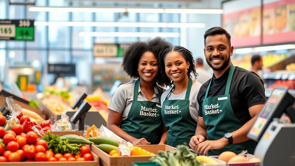 Professional diverse grocery store team members in Market Basket uniforms smiling at customer checkout counter, well-lit modern supermarket setting, natural lighting from store windows