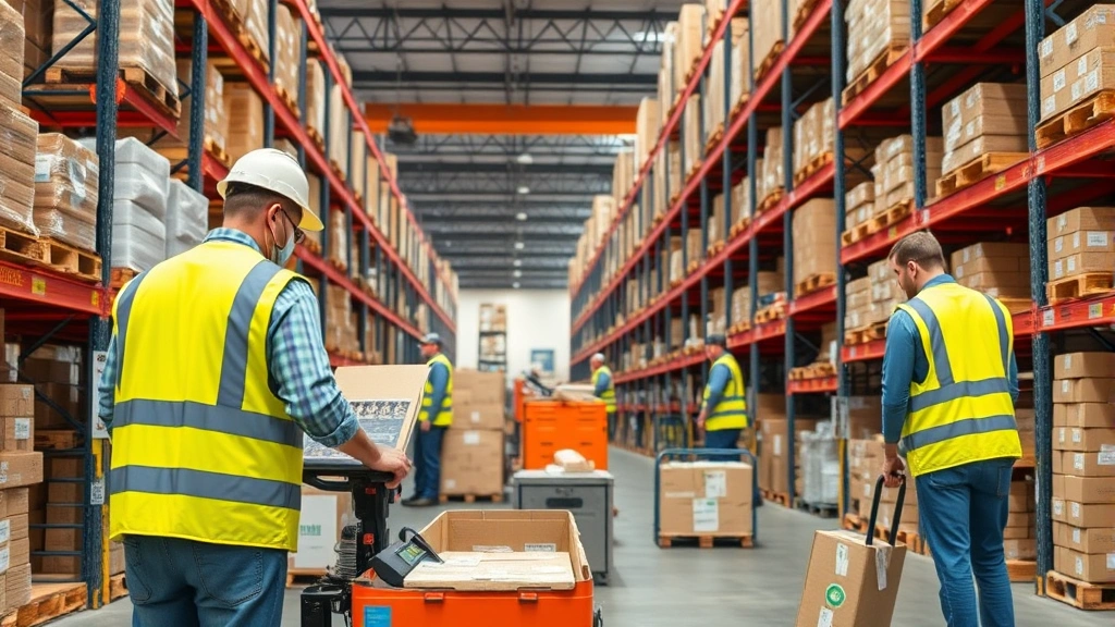 Warehouse distribution center with multiple employees in safety vests operating equipment and organizing packages on shelves, industrial logistics facility, organized inventory systems