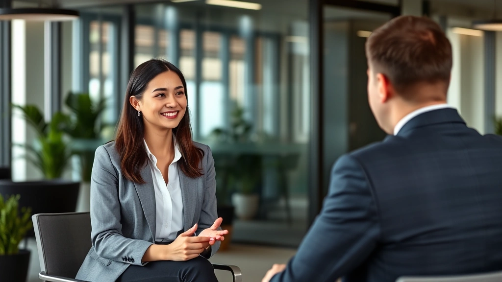 Young professional woman in business casual attire during job interview with hiring manager in modern corporate office setting, positive engagement, professional environment