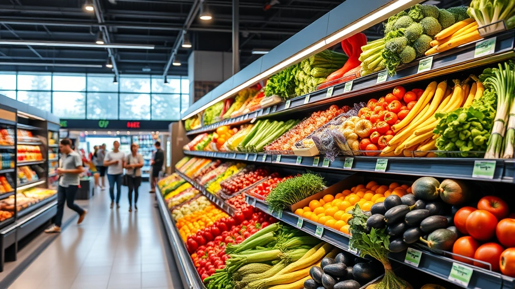 Professional grocery store produce section with vibrant fresh vegetables and fruits displayed on tiered shelving, customers browsing in background, natural lighting, clean modern aesthetic