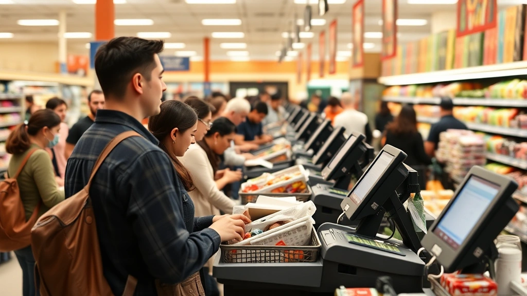Busy grocery store checkout area with multiple open registers and customers in line, efficient operations, bright store interior, helpful staff visible at registers