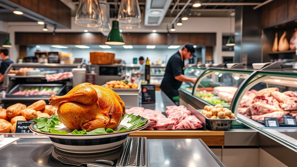 Market-style deli counter with prepared rotisserie chicken, fresh meats in display cases, and professional butchers preparing cuts, clean glass display cases, professional food service environment