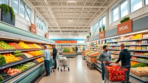 Professional grocery store interior with fresh produce displays, bright lighting, and organized shelving, customers shopping with carts, natural daylight through windows, clean modern supermarket environment