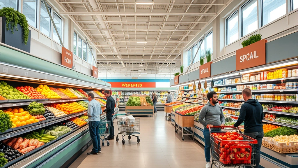 Professional grocery store interior with fresh produce displays, bright lighting, and organized shelving, customers shopping with carts, natural daylight through windows, clean modern supermarket environment