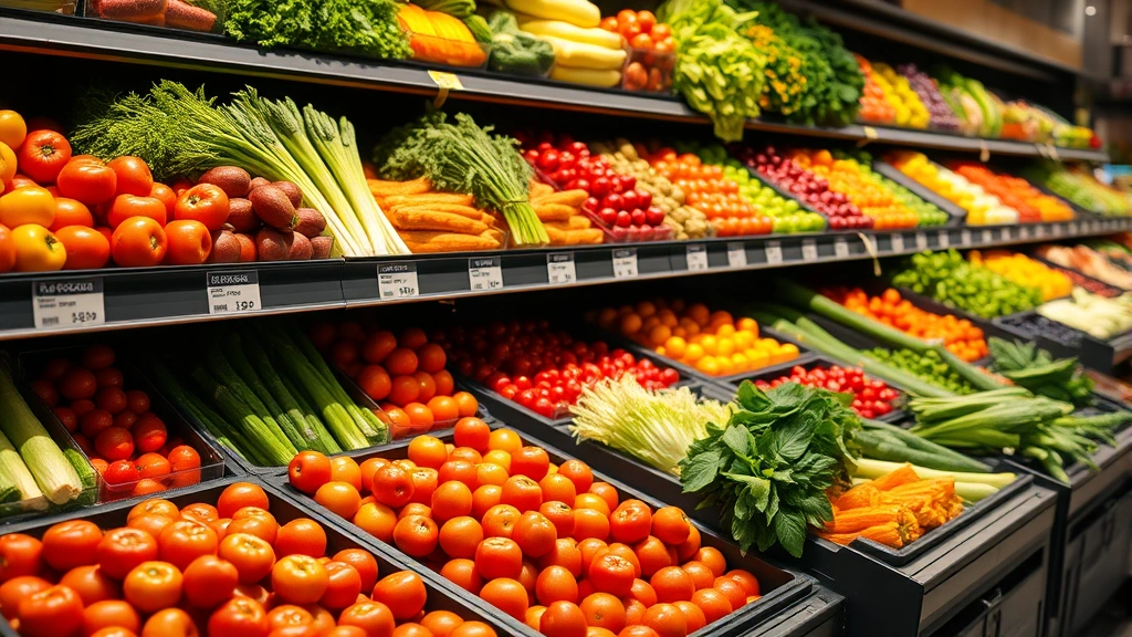 Close-up of vibrant fresh produce section with colorful vegetables and fruits on display shelves, price tags visible, organized bins of tomatoes, lettuce, and seasonal items, professional produce department lighting