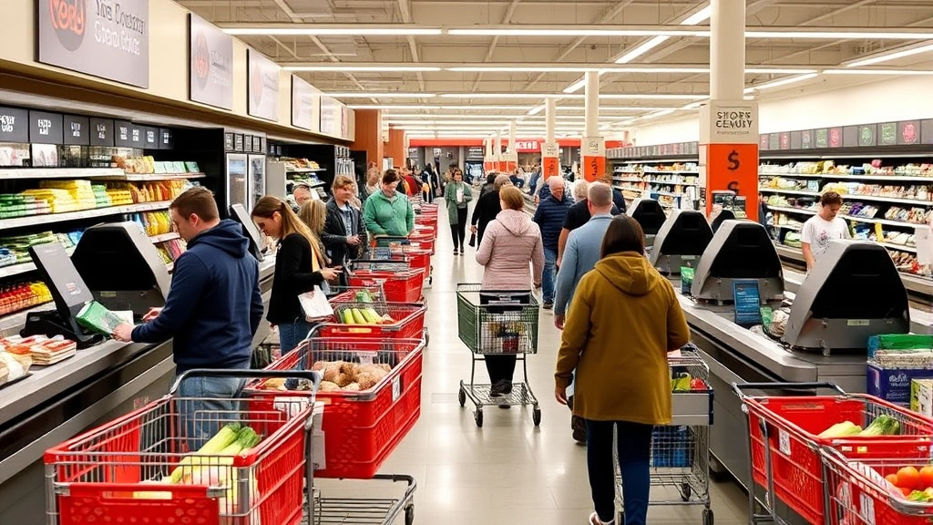 Busy grocery store checkout area with multiple lanes, shoppers with full carts, cashiers processing transactions, store signage overhead, efficient retail environment, natural foot traffic scene