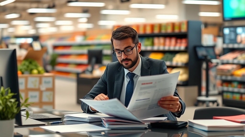 Professional retail store manager reviewing employee records and documentation at desk in modern grocery store office setting, serious businesslike atmosphere, contemporary office environment