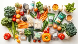 Professional overhead shot of diverse grocery items arranged on white surface including fresh vegetables, packaged goods, plant-based proteins, and organic products representing modern consumer basket composition, bright natural lighting, clean minimalist aesthetic