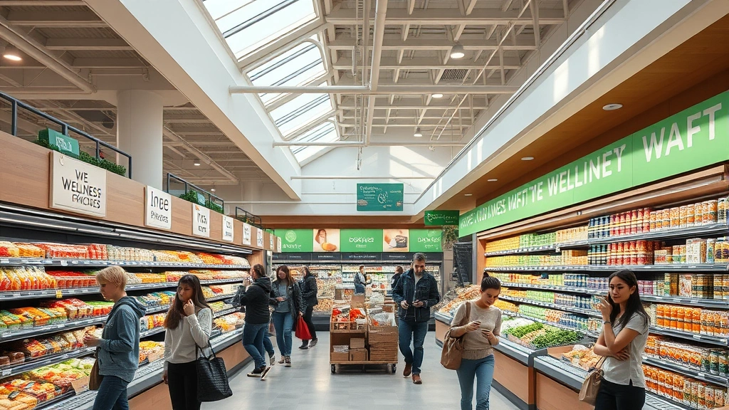 Modern grocery store interior showing organized product sections with diverse shoppers using mobile devices and digital tools, contemporary retail environment with emphasis on wellness and organic sections, natural lighting through skylights