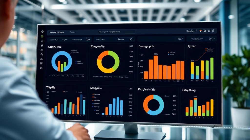 Data visualization dashboard displaying consumer purchase analytics with charts showing category trends, demographic segments, and basket composition metrics, professional business setting, modern tech environment