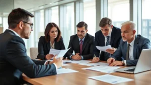 Professional business meeting in a modern conference room with executives reviewing documents and discussing corporate governance strategy, natural lighting, serious focused expressions, tables with papers and laptops