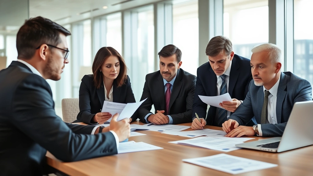 Professional business meeting in a modern conference room with executives reviewing documents and discussing corporate governance strategy, natural lighting, serious focused expressions, tables with papers and laptops
