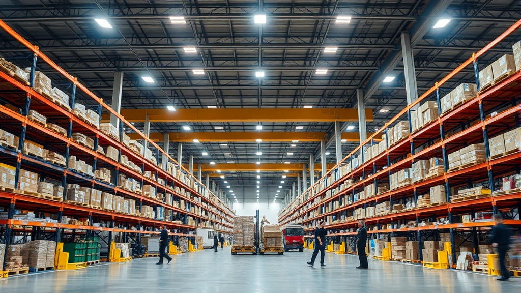 Large warehouse distribution center with inventory shelves and organized stock, employees working in professional attire, modern logistics operation, bright fluorescent lighting, organized systematic layout