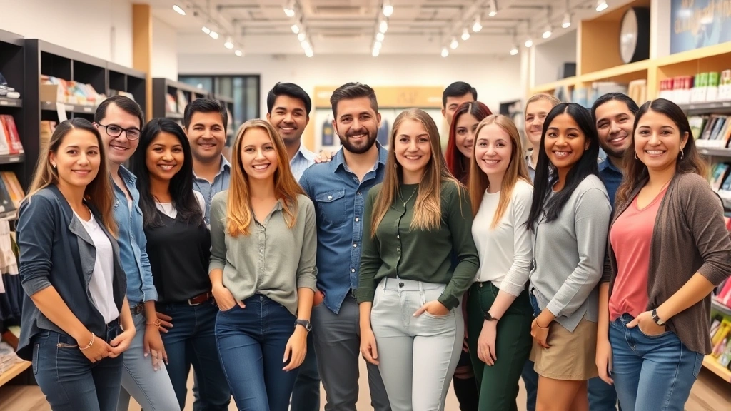 Diverse group of employees standing together in a retail store environment showing unity and solidarity, professional casual clothing, confident positive expressions, store interior with products visible in background