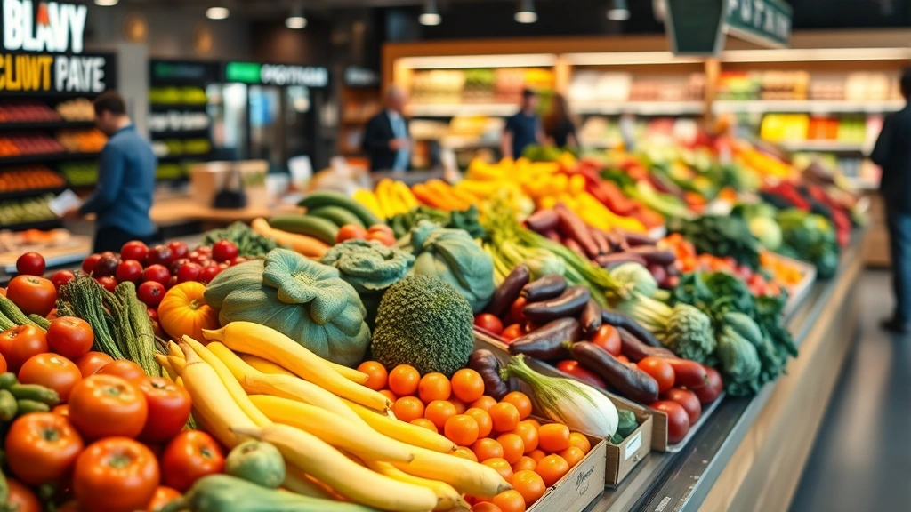 Fresh produce display section with vibrant vegetables and fruits arranged professionally, natural lighting highlighting quality, customer browsing in background, clean retail presentation