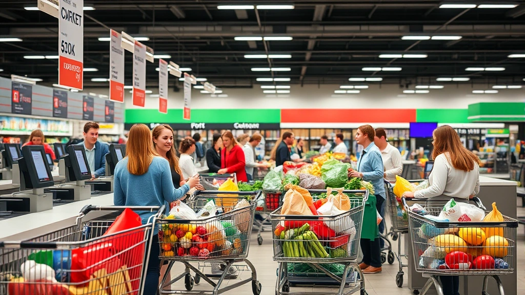 Checkout area with multiple registers, customers with full shopping carts, friendly cashiers processing transactions, bags of groceries, busy retail commerce scene