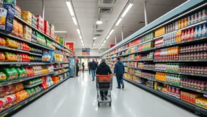 Professional grocery store interior shot showing organized aisles with colorful packaged products, bright fluorescent lighting, clean floors, customers shopping with carts, wide perspective capturing store depth and organization