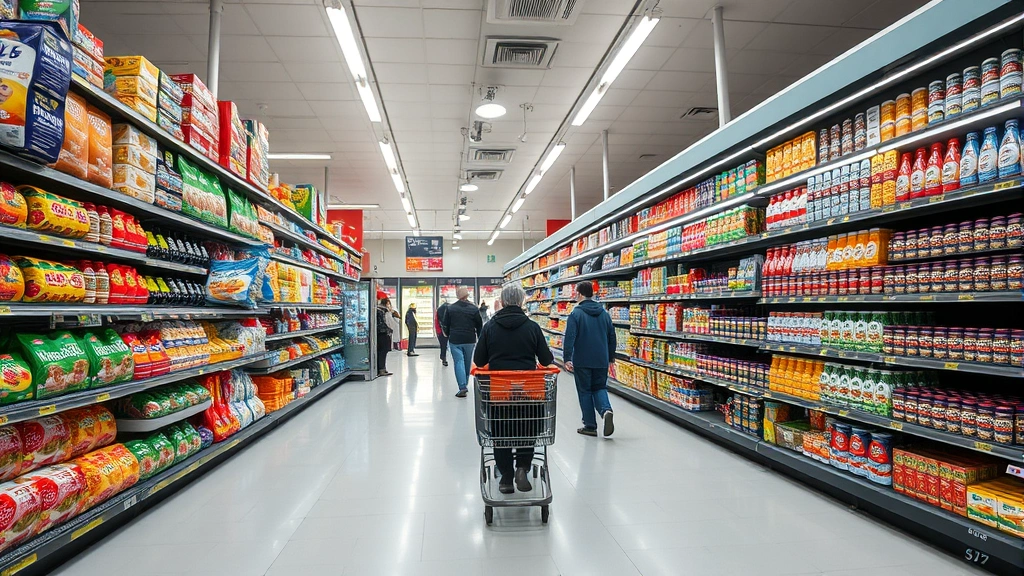 Professional grocery store interior shot showing organized aisles with colorful packaged products, bright fluorescent lighting, clean floors, customers shopping with carts, wide perspective capturing store depth and organization