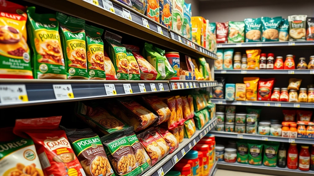Close-up of supermarket shelves displaying various packaged food items, organized by category with clear pricing labels, natural product arrangement showing quality and inventory management, warm lighting highlighting product details