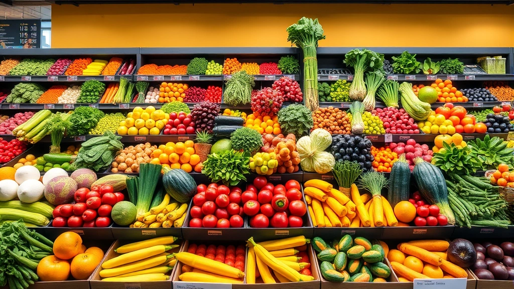 Vibrant fresh produce display featuring colorful vegetables and fruits arranged professionally, natural lighting emphasizing product quality and freshness, abundant selection of seasonal items, clean presentation reflecting store standards
