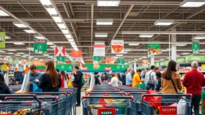 Busy grocery store checkout area with multiple registers processing customers, bright fluorescent lighting, shopping carts in foreground, diverse shoppers at counters, professional supermarket environment