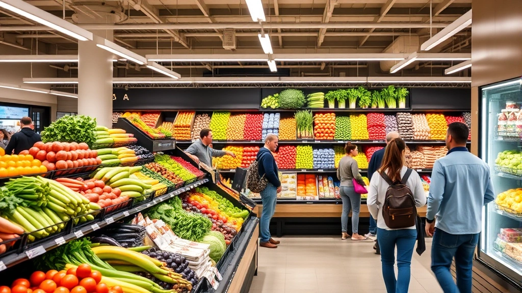 Fresh produce display section in modern grocery store with colorful vegetables and fruits arranged on tiered shelving, bright overhead lighting, shoppers selecting items, clean market aesthetic