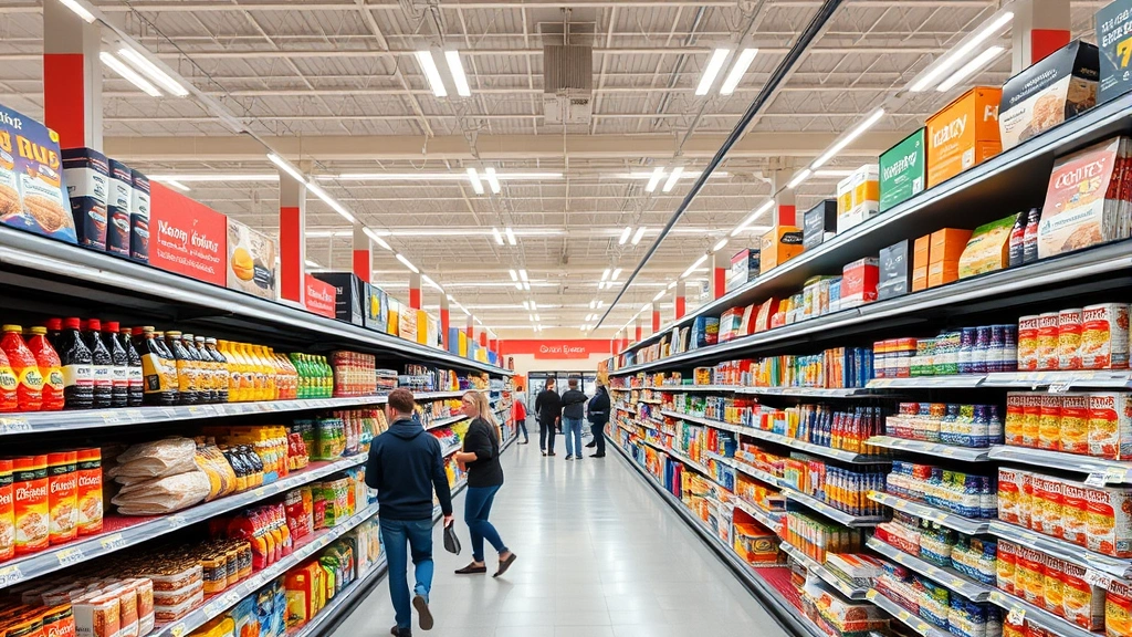 Wide supermarket aisle view showing organized shelving with packaged goods, clear aisle signage overhead, shoppers browsing products, well-lit retail environment with inventory displays